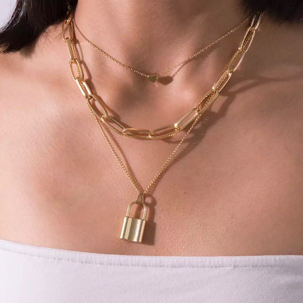 Gold Multi Layered Lock & Heart Chain Necklace
